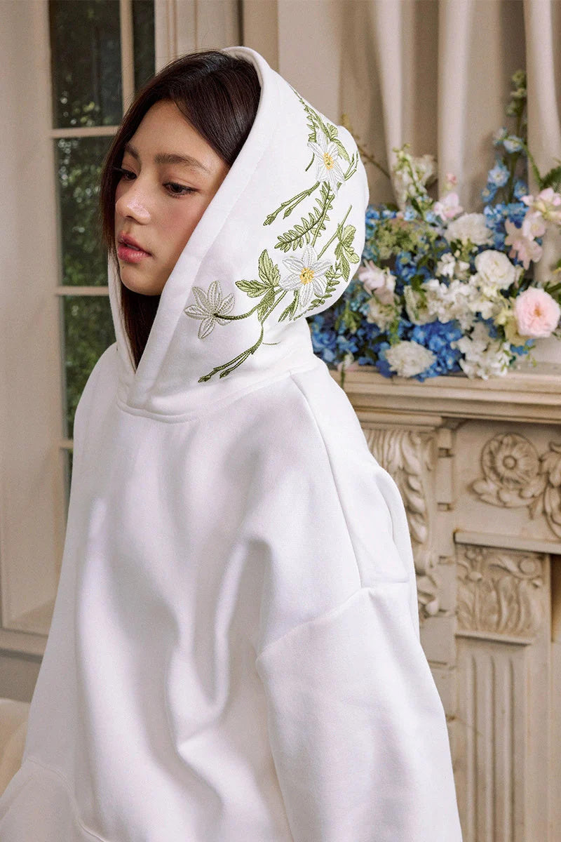 Floral Wreath Embroidered White Hoodie