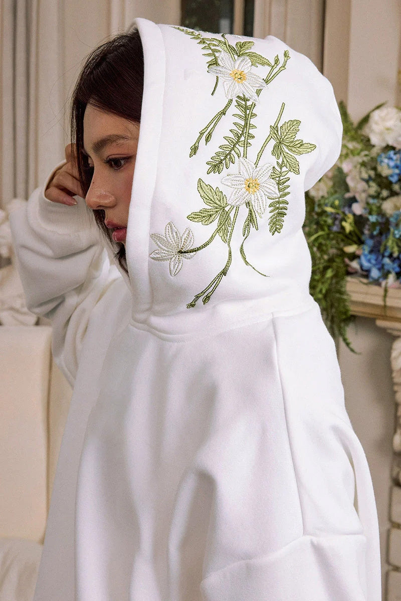 Floral Wreath Embroidered White Hoodie