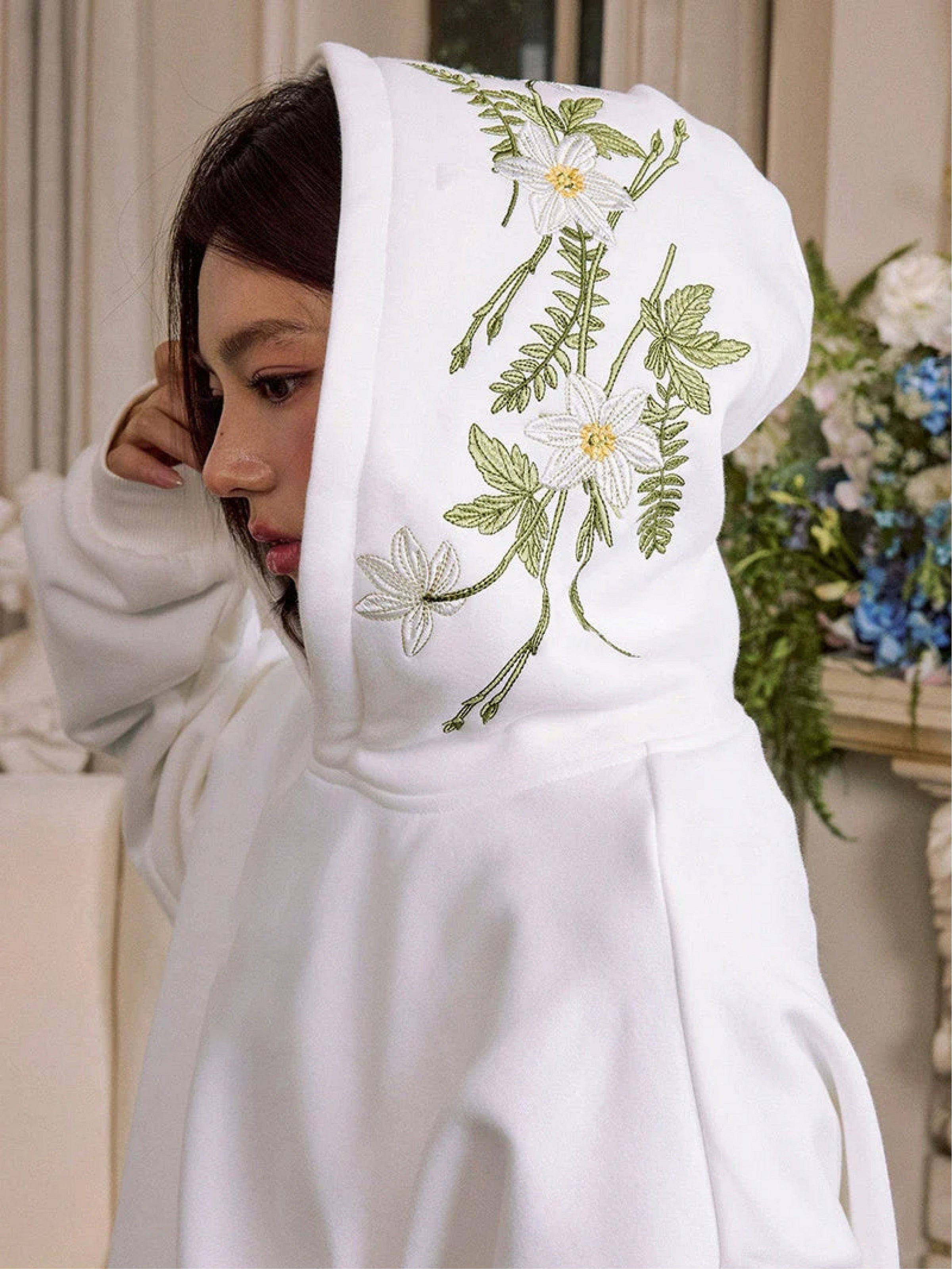 Floral Wreath Customized Embroidered White Hoodie (Hood)