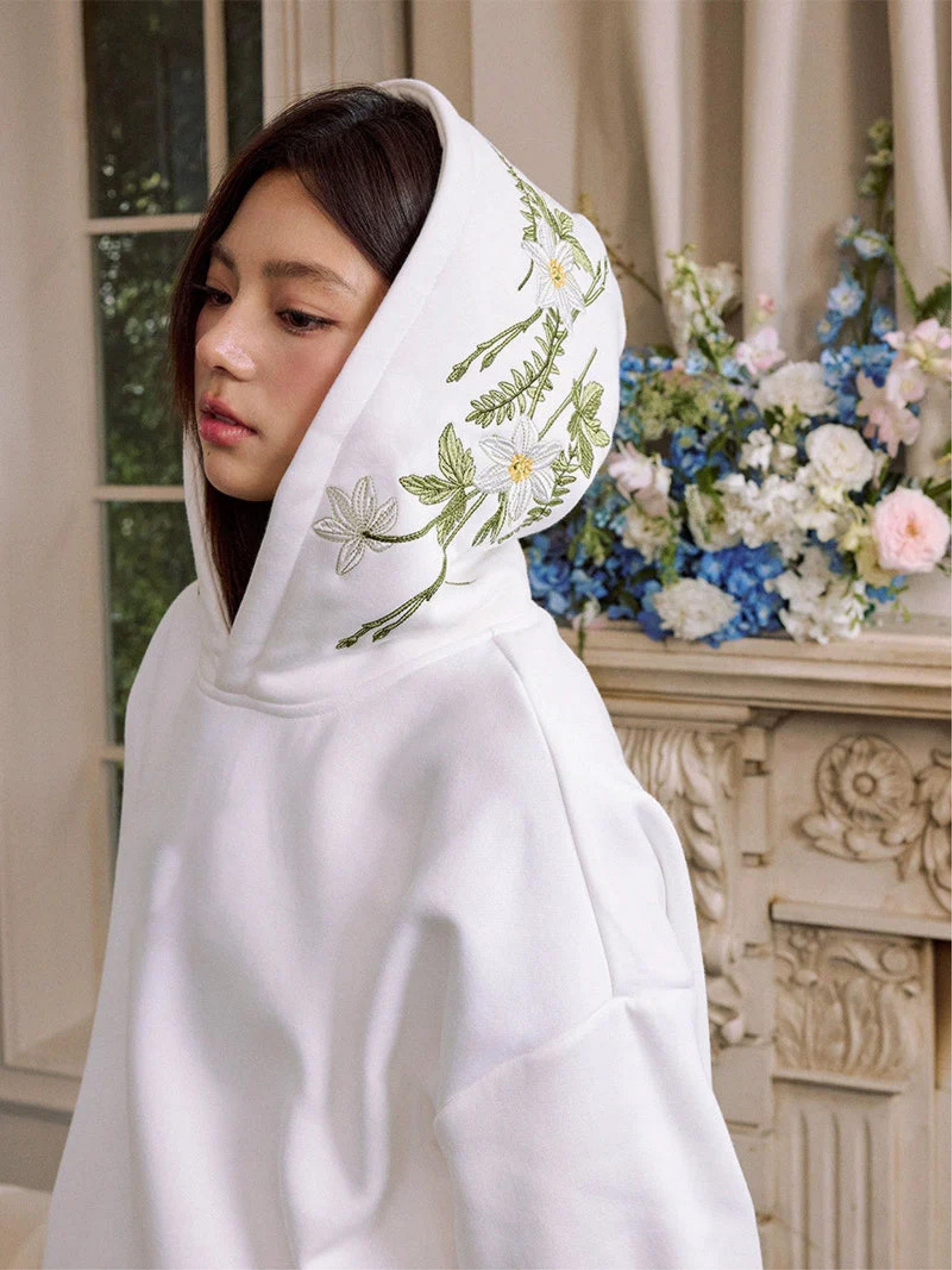 Floral Wreath Customized Embroidered White Hoodie (Hood)